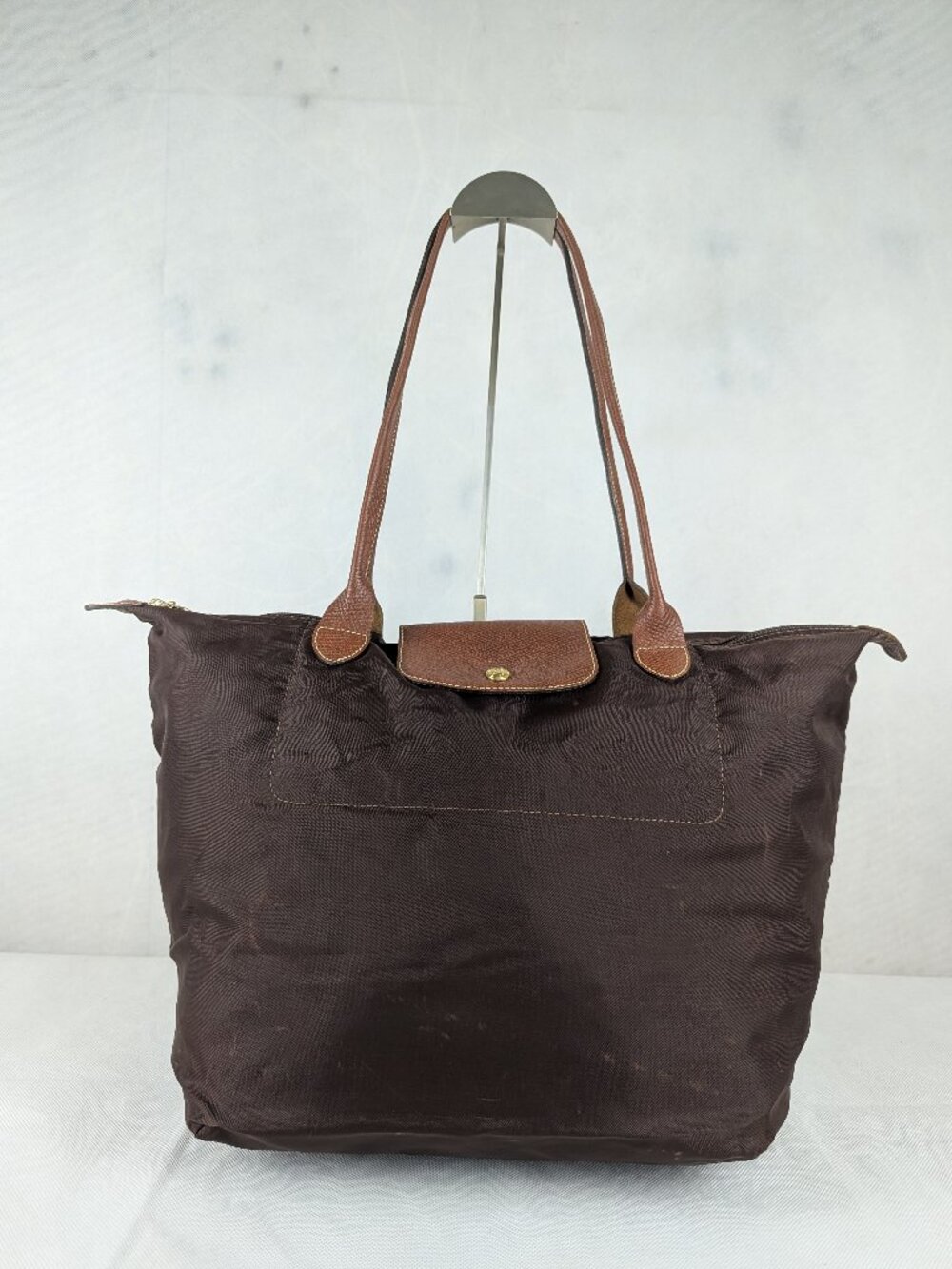 Longchamp Le Pliage Nylon Tote Bag Brown Leather Handles - Used - Authentic